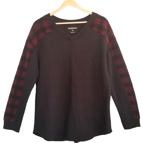 Ruff Hewn Wool Buffalo Plaid Check Crewneck Sweater 1X Plus BlackRed - Picture 1 of 10